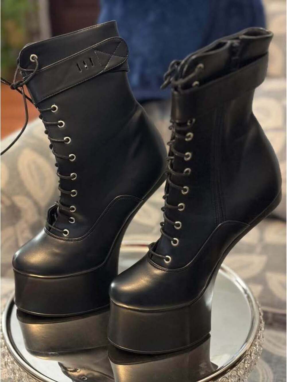 Women  Lace Up Ankle Boots - Pony Hoof Heel-less Shoes